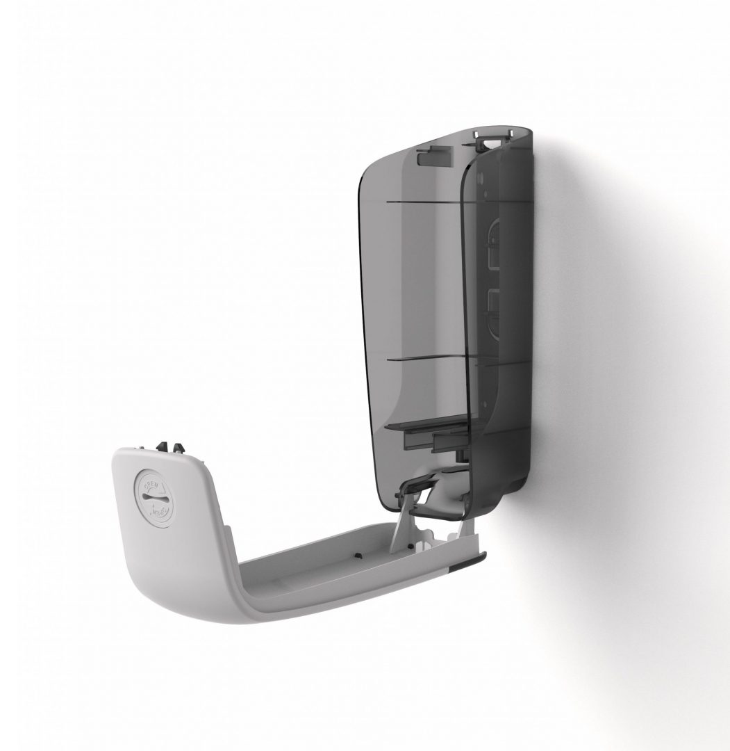 90979-90229 Seifenspender Katrin 1000ml Kunststoff weiß geöffnete Ansicht