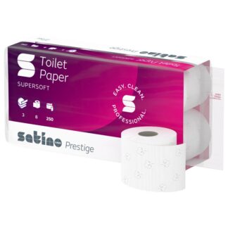 Toilettenpapier Satino Prestige, 3-lagig, hochweiß, Zellstoff-Mix, 250 Blatt, 8×8=64 Rollen