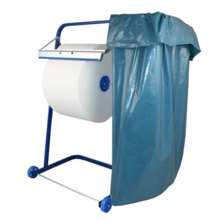 Bodenständer für Putztuchrollen bis 40 cm Breite, fahrbar, mit Abfallsackhalterung, Metall, blau