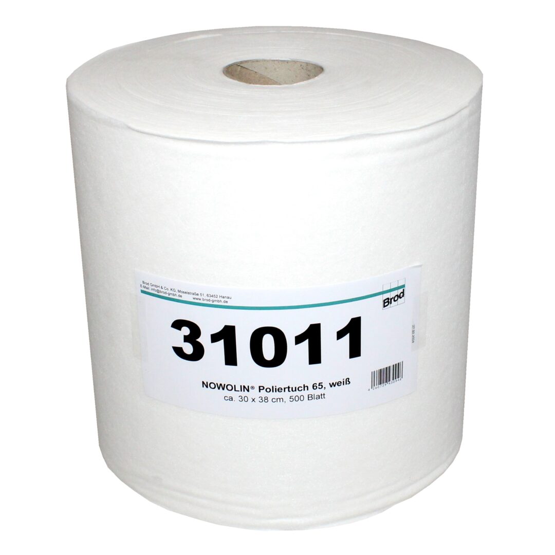 NOWOLIN® Poliertuch 65, Textilcharakter, 500 Blatt, glatte Oberflächenstruktur, weiß, Viskose/Polyester, ca. 30×38 cm, 1 Rolle