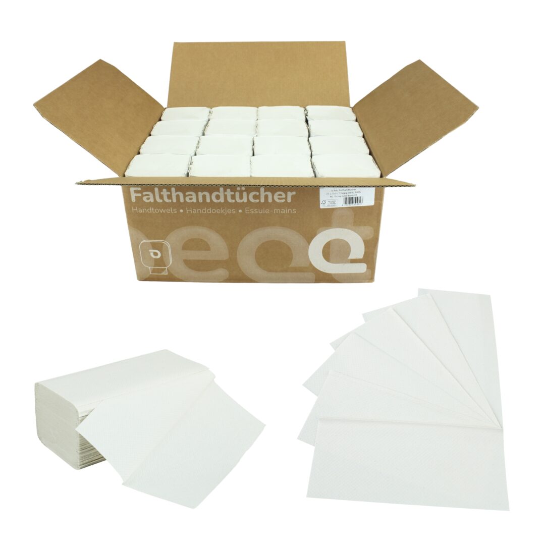 Falthandtuch Huchtemeier, 2-lagig, weiß, V-Falz, 23×21 cm, 3200 Tücher – Bild 2