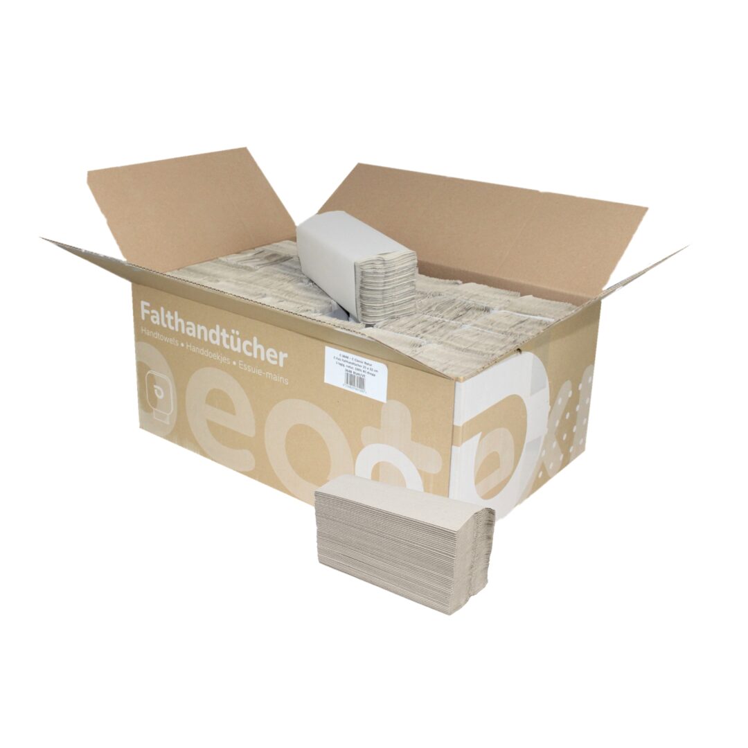 Falthandtuch Huchtemeier, 1-lagig, natur, Recyclingpapier (RC), C-Falz, 24,5×32 cm, 3648 Tücher