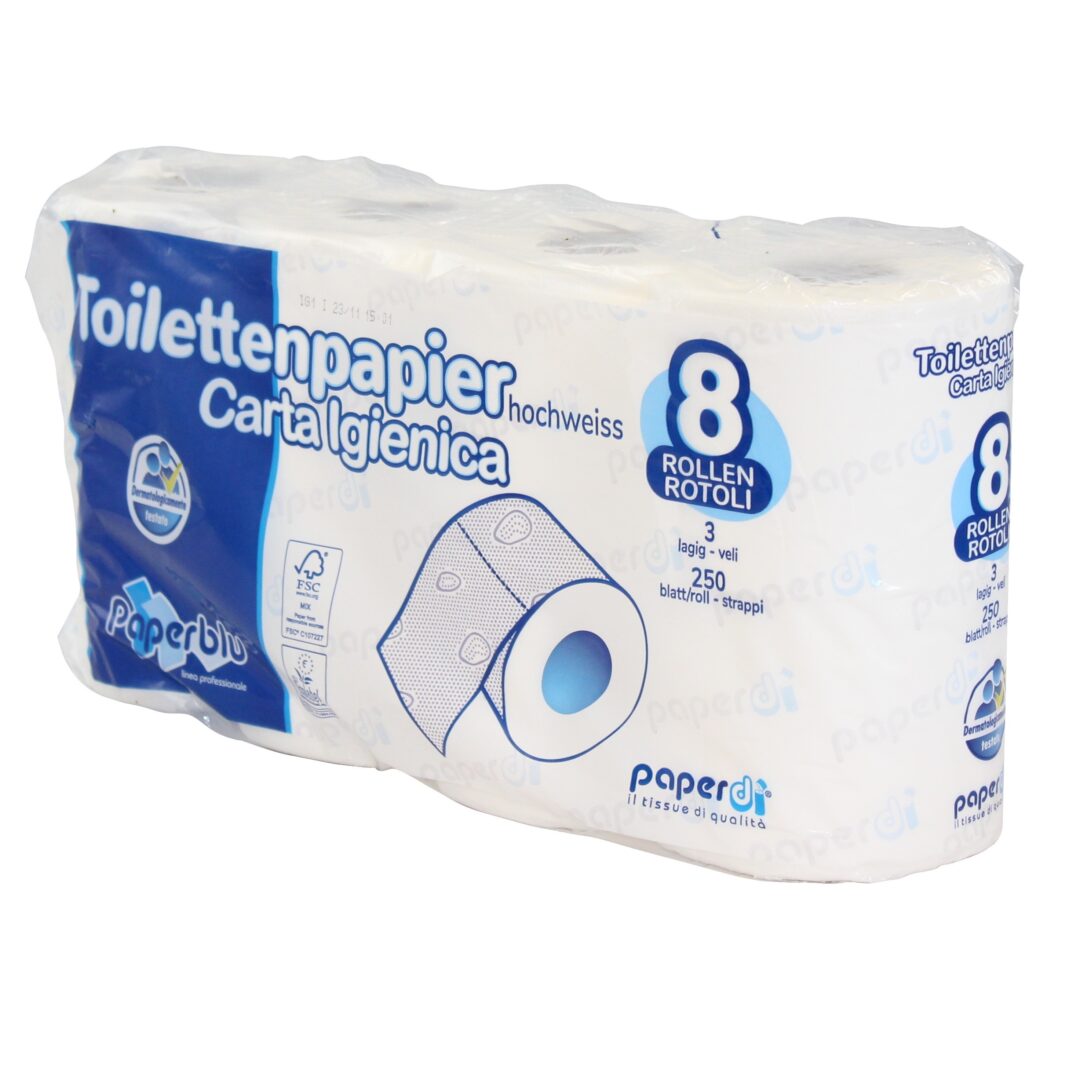 Toilettenpapier Paperdi, 3-lagig, hochweiß, Zellstoff, 250 Blatt, 8×8=64 Rollen – Bild 5