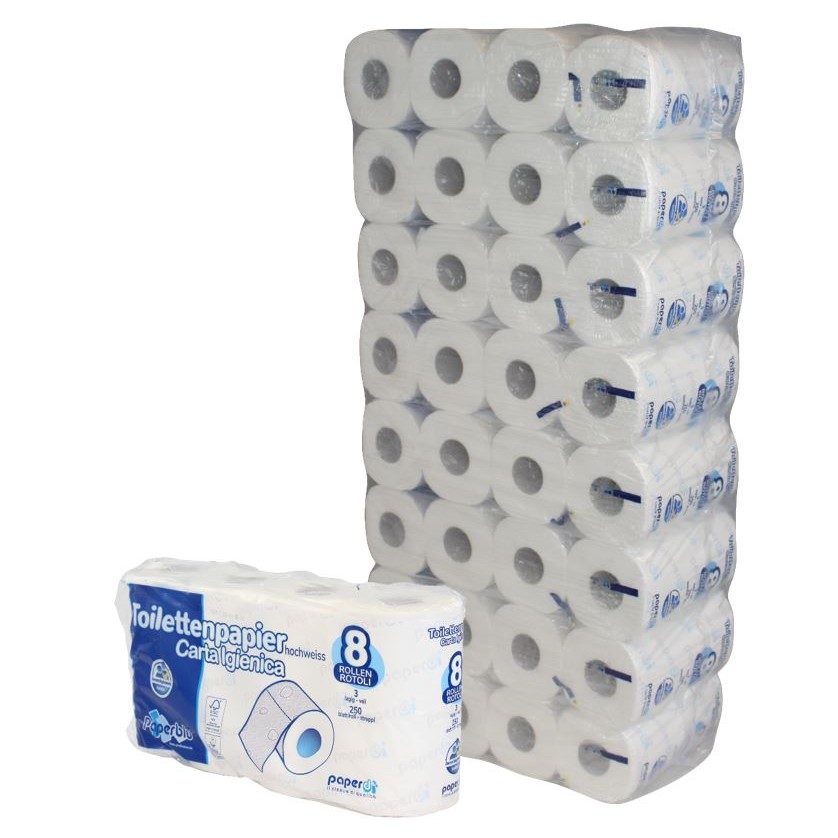 Toilettenpapier Paperdi, 3-lagig, hochweiß, Zellstoff, 250 Blatt, 8×8=64 Rollen