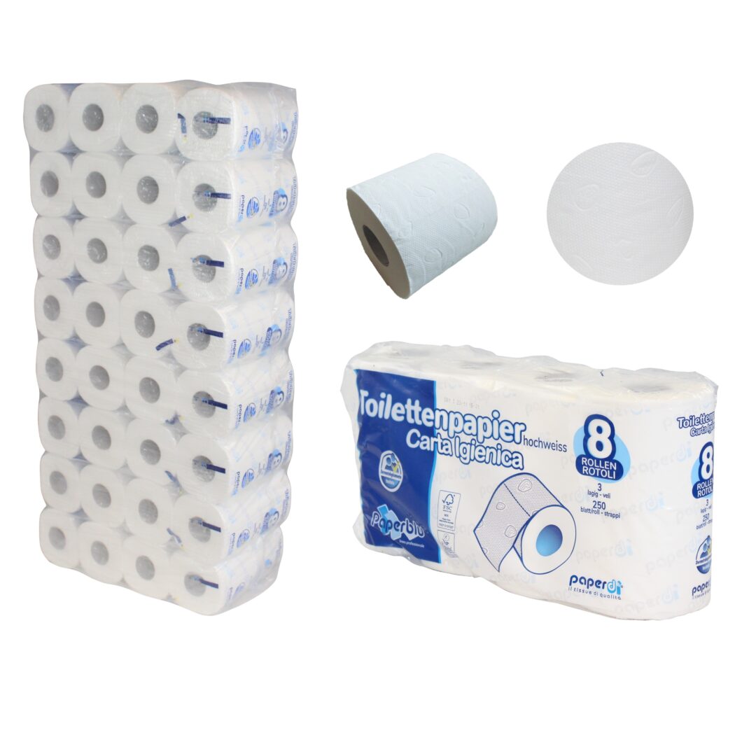 Toilettenpapier Paperdi, 3-lagig, hochweiß, Zellstoff, 250 Blatt, 8×8=64 Rollen – Bild 3