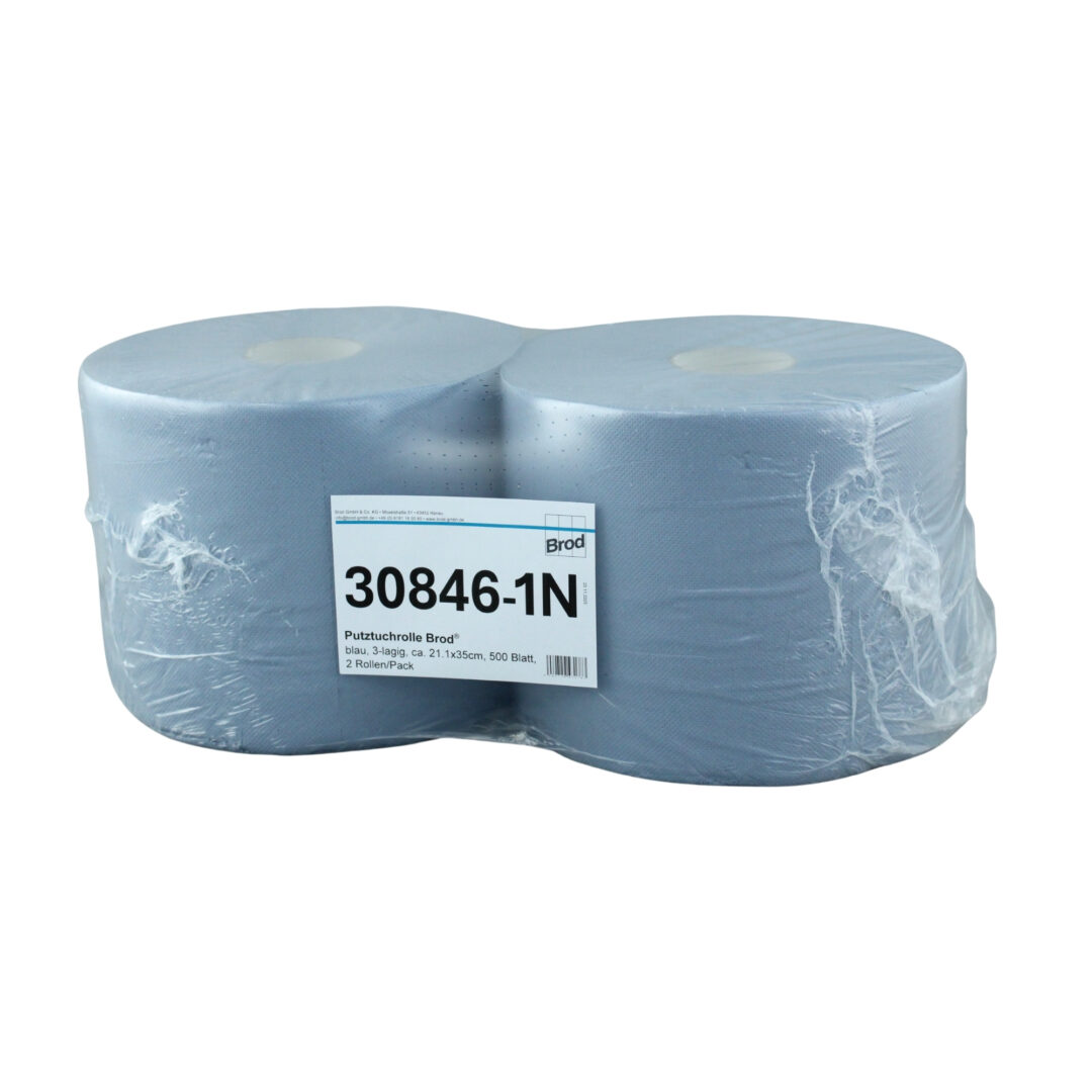 Putztuchrolle Brod, 500 Blatt, 3-lagig, blau, Recycling, 21,1×35 cm, 175 m, perforiert, 2 Rollen